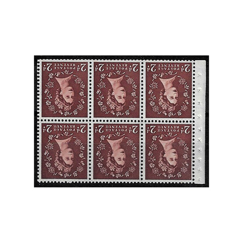 1953-54 2d Red-brown, wmk inverted pane of 6, u/m. SG518LWi