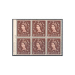 1953-54 2d Red-brown, booklet pane of 6, cylinder H1, good perfs, u/m. SG518, SB77