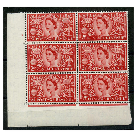 GB 1953 2-1/2d Coronation, cyl 2 no dot block of 6, u/m. SG532