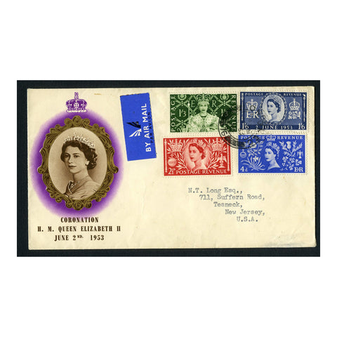 GB 1953 Coronation used on illustrated airmail FDC from London. SG532-35