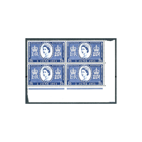 1953 1/6d Coronation, corner marginal block of 4, u/m. SG535