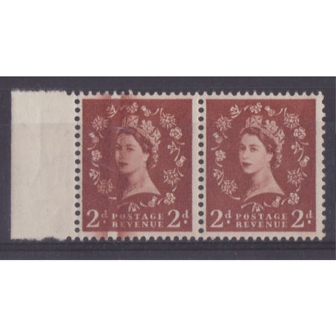 GB 1955 2d Red-brown, horizontal pair displaying 'blade flaw,' u/m. SG543var