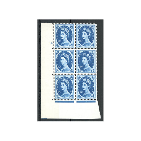 1955-58-10d-prussian-blue-cylinder-1-dot-block-of-6-u-m-lr-stamp-creased-sg552