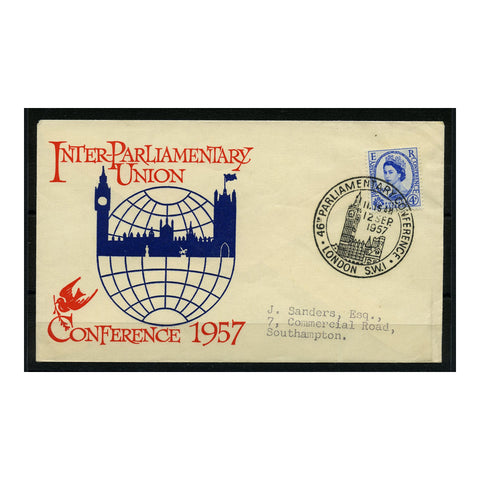 GB 1957 Inter-parliamentary, used on illustrated FDC with fully struck cancel, rare this nice. SG560