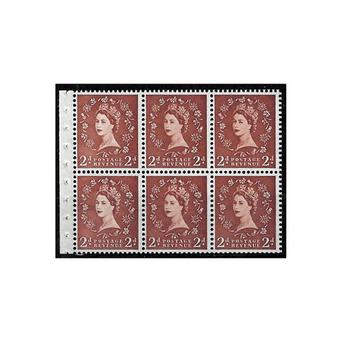 1958-65 2d Light red-brown, wmk inverted, pane of 6, u/m. A rare pane. SG573a, SB79a