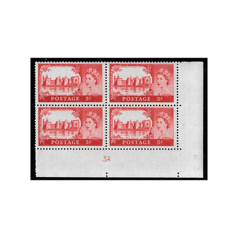 1963-68 5/- Caernarvon Castle, BW ptng, plate 3A block of 4, u/m. SG596a