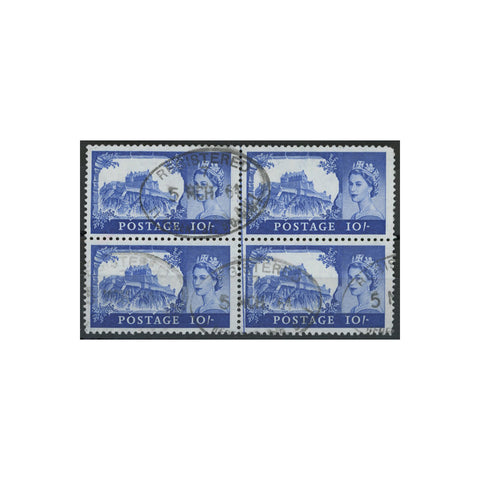 GB 1963-68 10/- Bright ultramarine (BW pnt), block of 4, cds used. SG597a
