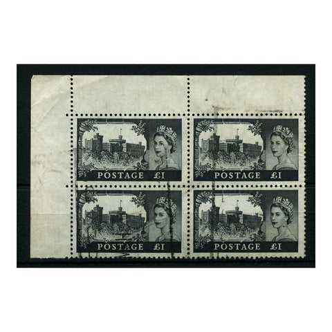 GB 1959-68 £1 Black (DLR print), corner marginal block of 4, good to fine used. SG598