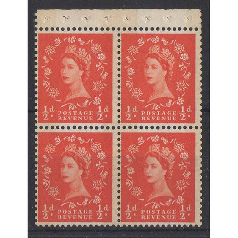 GB 1960 1/2d Orange-red, wmk sideways, booklet pane of 4, u/m. SG610l