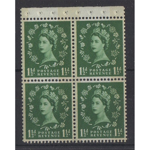 GB 1961 1-1/2d Green, wmk sideways booklet pane of 4, u/m. SG612l