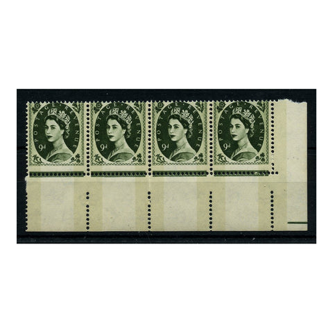 GB 1966-67 9d Bronze-green, misperf corner marginal strip of 4, u/m. SG617cvar