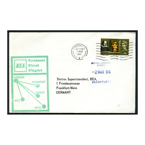 GB 1964 6d Shakespeare, used on BEA first flight cover to Frankfurt with special BEA cachet. SG647