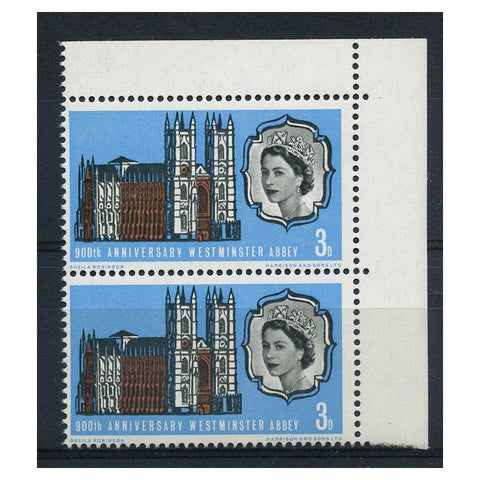 GB 1966 3d Westminster Abbey, 'scratch behind Queen's head' variety, vert pair, u/m. SG687+var
