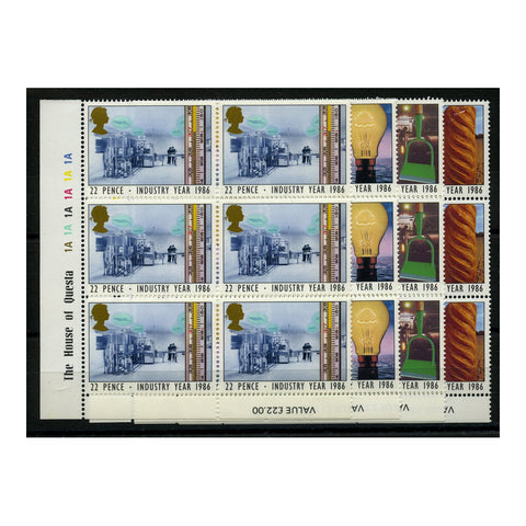 GB 1986 Industry year, in traffic light plate blocks of 6, u/m. SG1308-11