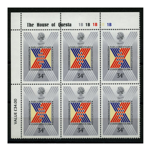 GB 1986 Commonwealth congress, plate block of 6, u/m. SG1335