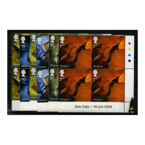 GB 2009 Mythical creatures, traffic light corner marginal blocks of 4, u/m. SG2944-49