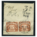 GB 1924 1-1/2d Chestnut, horiz pair, used on fragment with additional '3d to pay' mark. SGD3