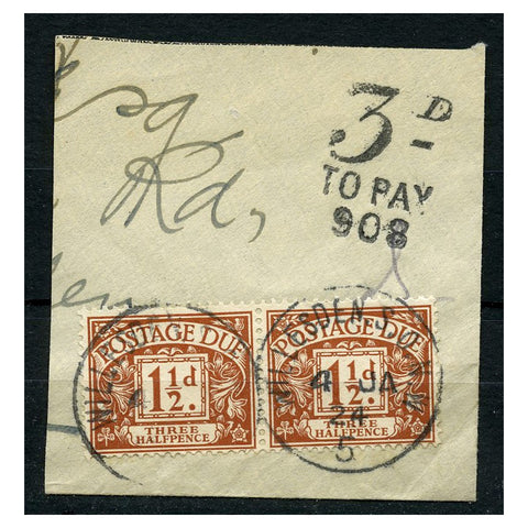 GB 1924 1-1/2d Chestnut, horiz pair, used on fragment with additional '3d to pay' mark. SGD3
