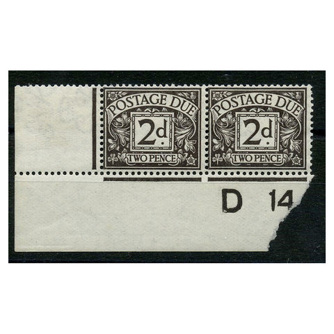 GB 1914-22 2d Agate, 'D/14' marginal control pair, fresh mtd mint. SGD4