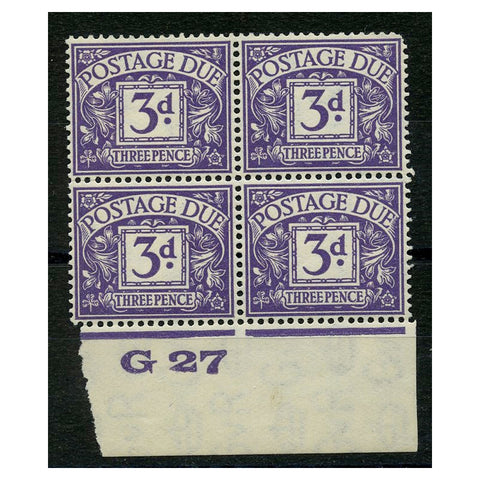 GB 1924-31 3d Dull-violet, 'G/27' control marginal block of 4, u/m. SGD14