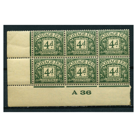 GB 1936-37 4d Dull grey-green, control 'A/36' corner block of 6, u/m. SGD23