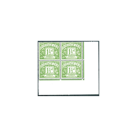 1960-63 1-1/2d Green, corner marginal block of 4, u/m. SGD58