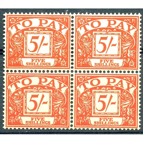 1961-63 5/- Scarlet / yellow (mult crowns), block of 4, u/m. SGD66