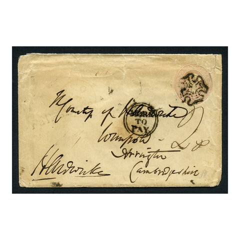 GB 1842 1d Pink embossed postal stationery cover, used with black MX, 'Pall-Mall' & 'More to Pay.'