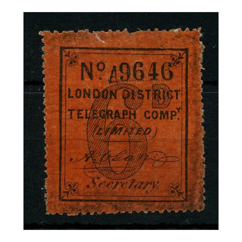 GB 1862 6d London District Telegraph Co, mtd mint, scarce. Small closed trear at top.