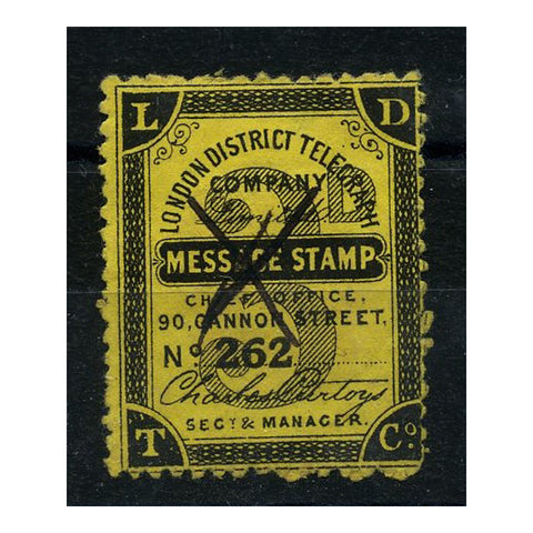 GB 1865 3d London District Telegraph Co, early print on yellow, typical pen cancel used.