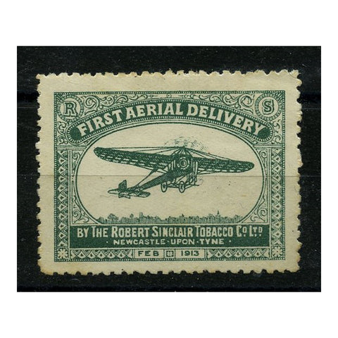 GB 1913 Robert Sinclair Tobacco First Aerial Delivery label with Bleriot monoplane, mint no gum.