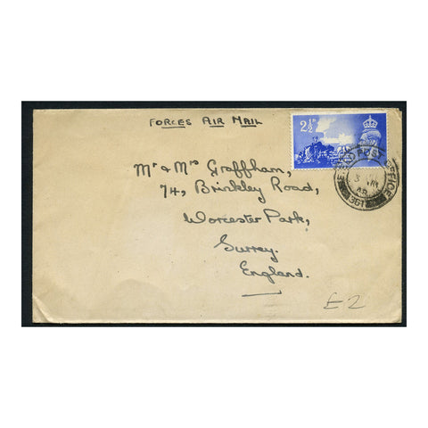 GB 1948 2-1/2d Liberation used on FORCES AIRMAIL FPO cover to Surrey. SGC2