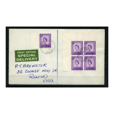 GB IoM 1963 3d Corner marg block of 4 + single, on chalky ppr, used on special delivery cover. SG2a
