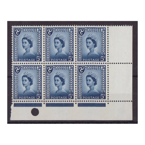 GB 1968-69 IoM 5d Royal-blue, corner block of 6 containing frame flaw, u/m. SG7a