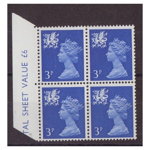 GB 1971 Wales 3p, broad band left, block of 4, u/m. SGW14var