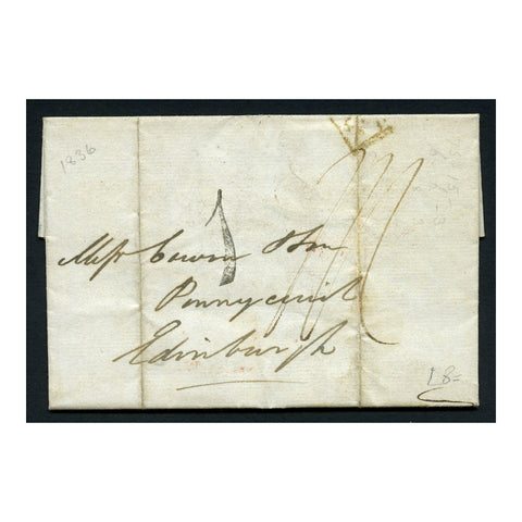 GB 1836 Folded entire from London to Edinburgh. Handstamp '1' rate mark on front, disp & rect rev.