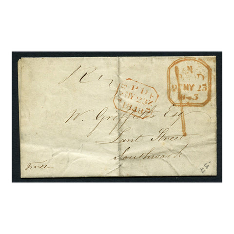 GB 1843 London local folded entire on SPCK letterhead, 2 red boxed carrier stamps & red rate mark.