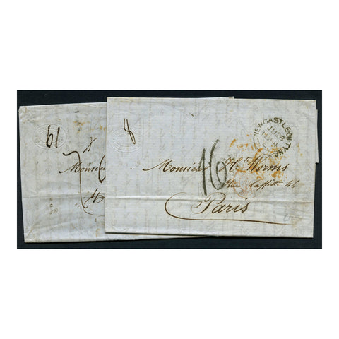 GB 1854 Pair of folded entires from Newcastle to Paris, both black and red dispatch marks.