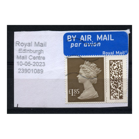 GB 2022 £1.85 Wood-brown, barcode, used on tidy airmail fragment. SGV4600