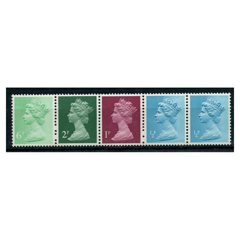 GB 1975 Coil strip (2x1/2p, 1x1p, 1x2p, 1x6p) containing 6p 'flaw over crown,' u/m. SGX841q, U143ca