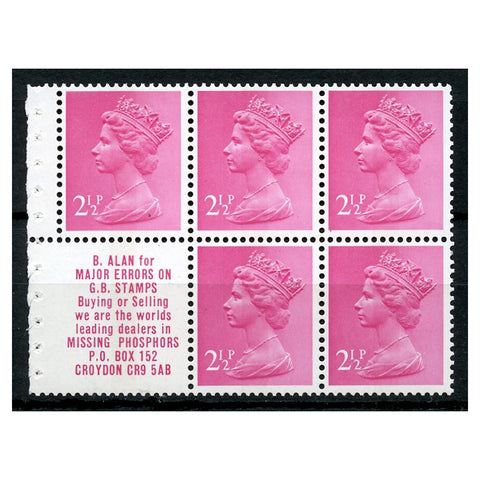 GB 1971 2-1/2p Magenta, 1 centre band bklt pane, B. Alan label, u/m. SGX851l, UB35 (spec)