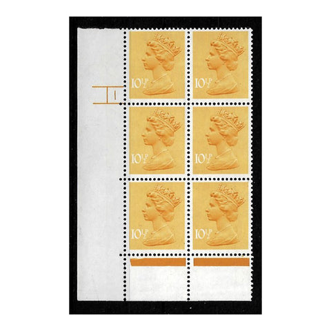 GB 1976 10-1/2p Yellow, AOP, cylinder 1 no dot pane of 6, u/m. Rare. SGX890