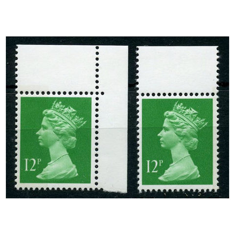 GB 1986-96 12p Bright-emerald, both wide & narrow bands, u/m. SGX897+var