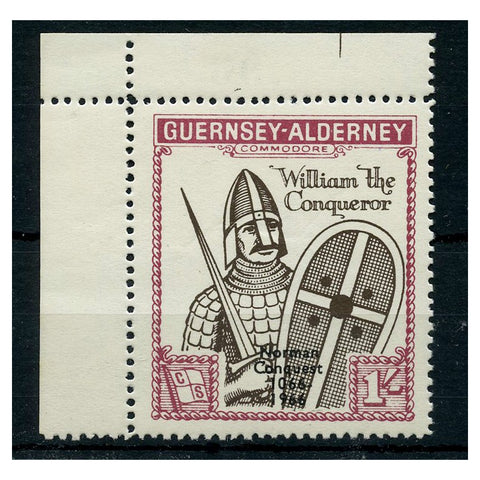 GB Alderney 1966 1/- Norman conquest, corner marginal with sheet # printed on gum side u/m. AC63var