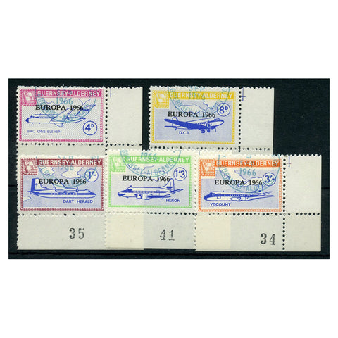 GB Alderney 1966 Europa (aircraft), corner marginal sheet number examples, fine used. AC70-74