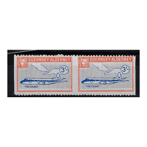 GB Alderney 1967 3/- Blue + vermilion, horizontal pair, perf columns omitted, u/m. Newell#85var