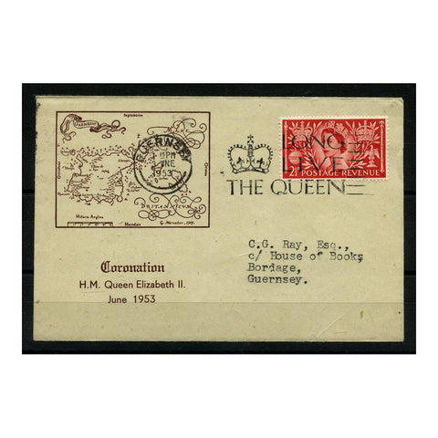 GB Herm 1953 Coronation (on flap) & GB 2-1/2d Coronation combination illustrated FDC. HE6-9, SG532