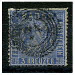 Baden 1860-62 3k Prussian blue, used, trimmed perfs at top, thinned, cat. £120. SG14