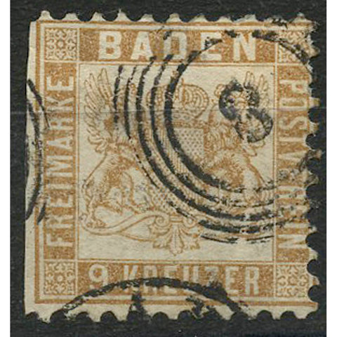 Baden 1862-65 9k Yellow-brown, good used, trimmed perfs at left, thinned, cat. £140. SG32