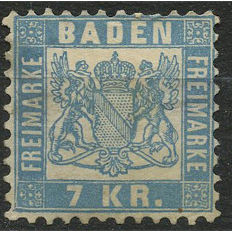 Baden 1868 7k Sky-blue, mint no gum, thinned, cat. £170. SG43